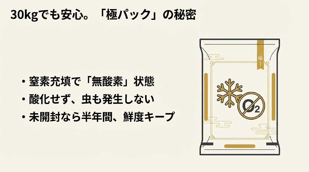 窒素充填による無酸素状態で酸化と虫を防ぎ、未開封なら半年間鮮度を保てる「極パック」の説明図