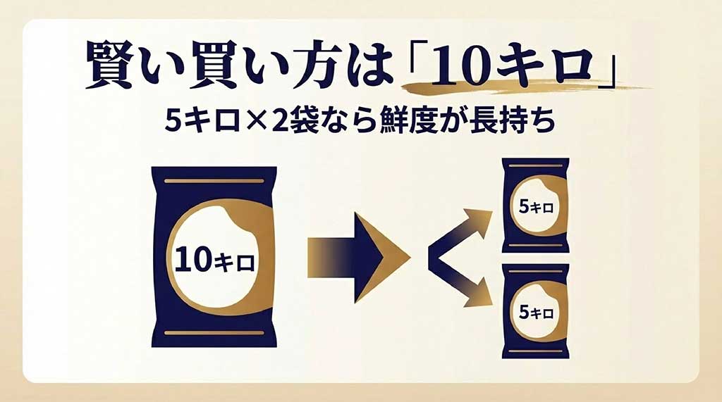 10キロの賢い買い方として、5キロ×2袋で鮮度が長持ちすることを説明するイラスト