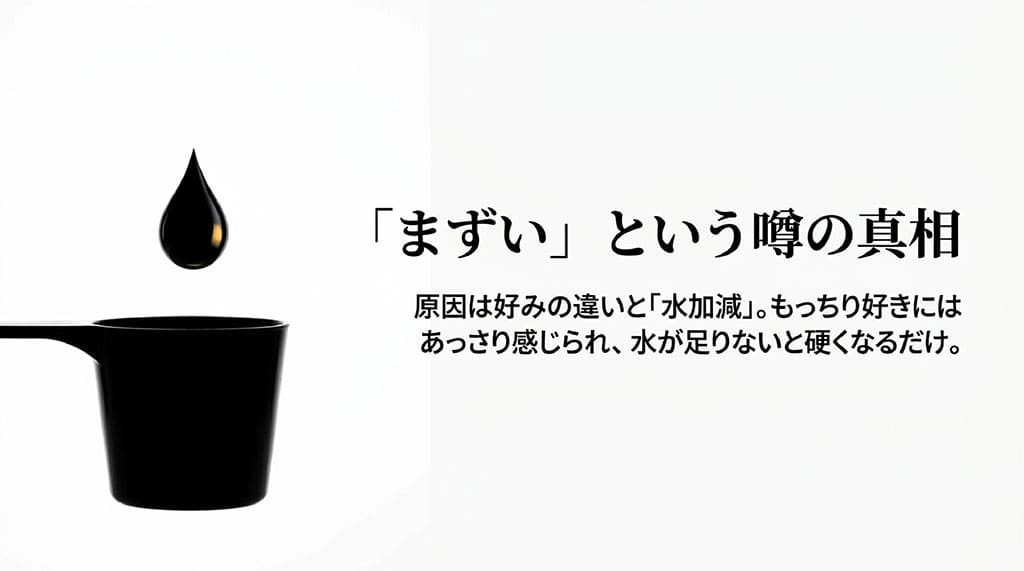 計量カップと水滴のイラスト。「まずいという噂の真相。原因は好みの違いと水加減。もっちり好きにはあっさり感じられ、水が足りないと硬くなるだけ。」と書かれたスライド。