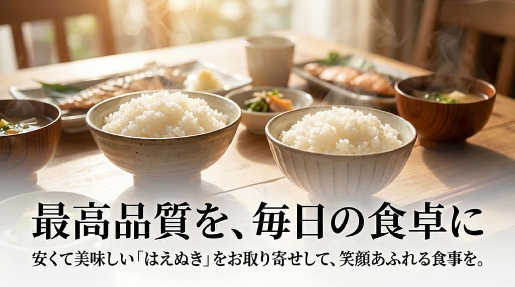 まとめ用のスライド。「最高品質を、毎日の食卓に。安くて美味しいはえぬきをお取り寄せして、笑顔あふれる食事を。」というメッセージ。