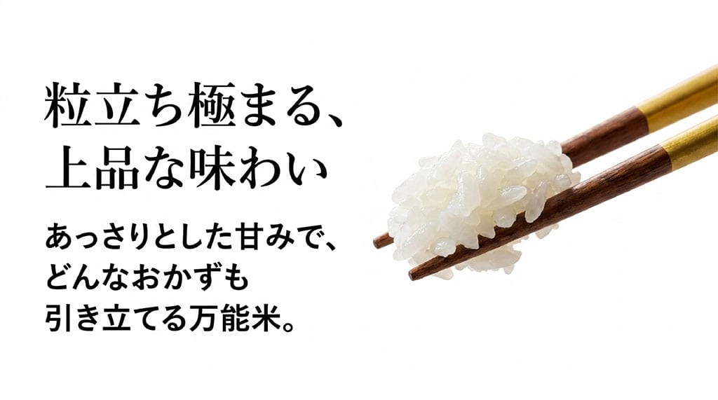 はえぬきの味わいを紹介するスライド。「粒立ち極まる、上品な味わい。あっさりした甘みで、どんなおかずも引き立てる万能米。」のテキスト。