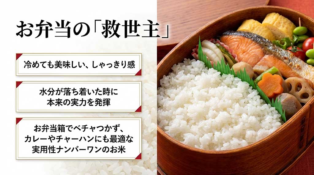 冷めても美味しいハナエチゼンがお弁当、カレー、チャーハンに最適であることを紹介するスライド