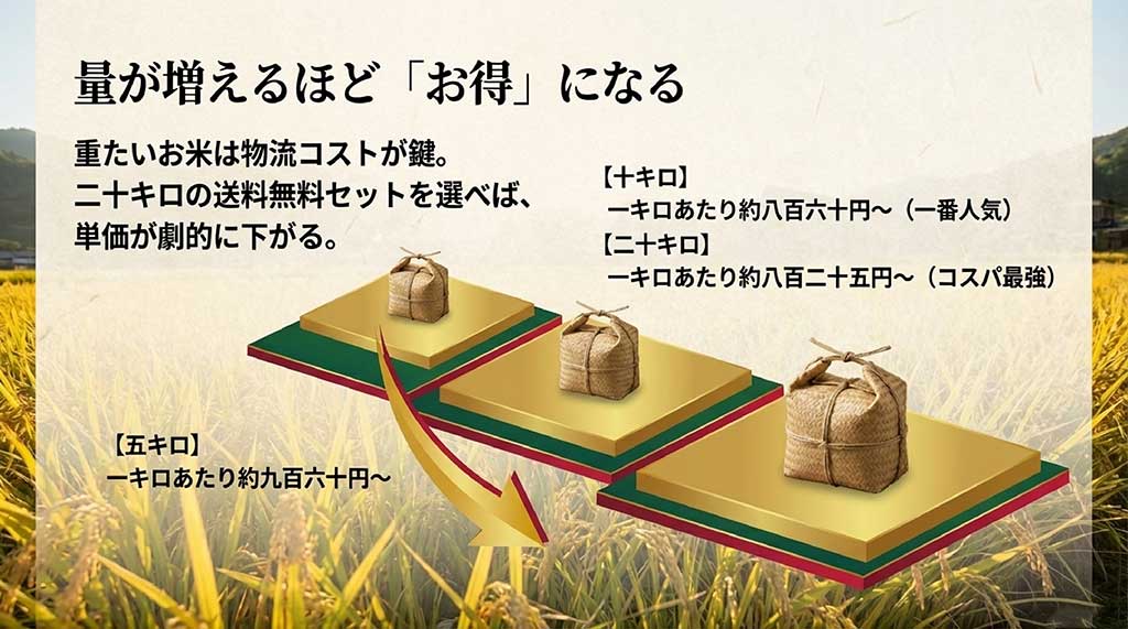 5kg、10kg、20kgの容量別でお得度を比較したグラフ。20kgセットが最もコスパが良いことを示している