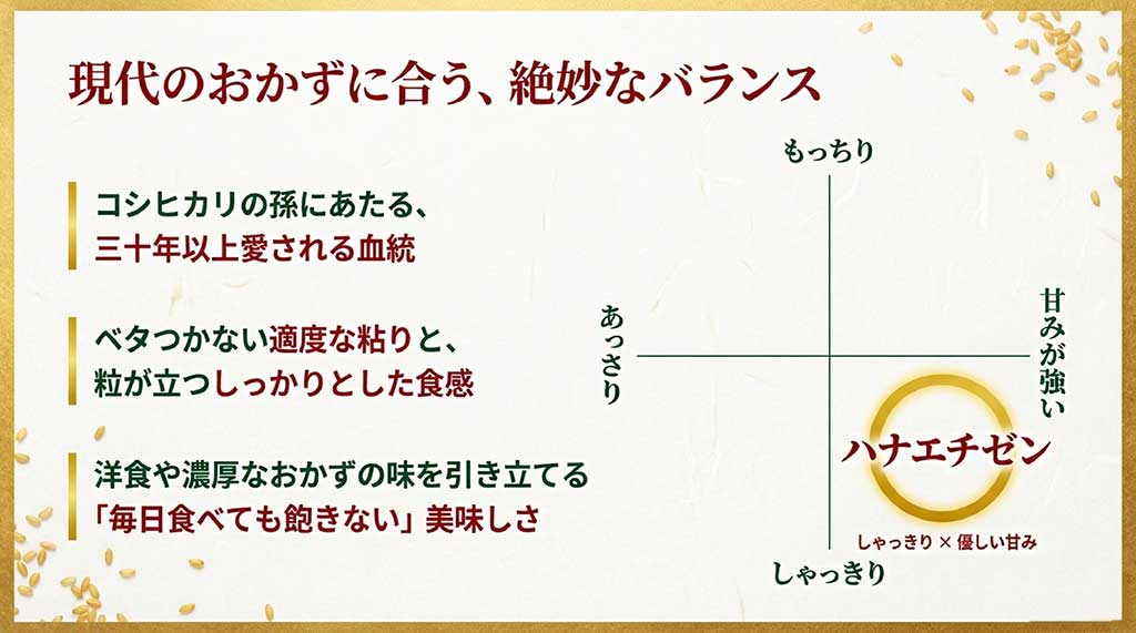 ハナエチゼンの食感（しゃっきり）と甘みのバランス、コシヒカリの系譜を解説する図解