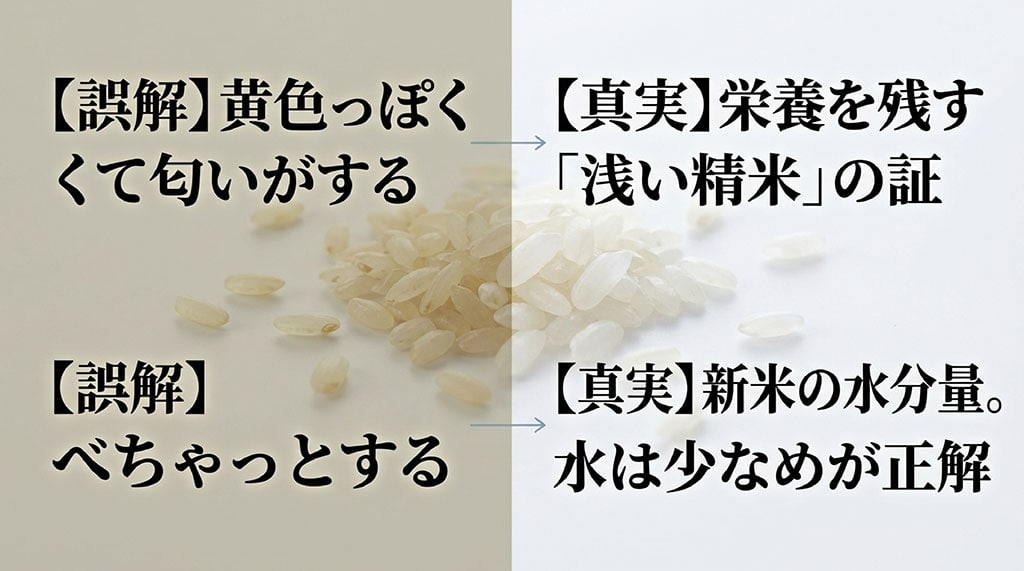 「黄色っぽくて匂いがする」は栄養を残す浅い精米の証、「べちゃっとする」は新米の水分量が多く水少なめが正解という、誤解と真実を対比したスライド画像。