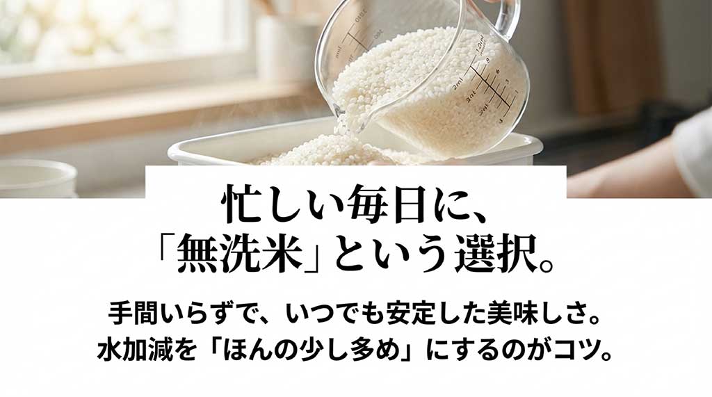 はれわたりの無洗米の選択と、水加減を少し多めにする美味しく炊くコツ