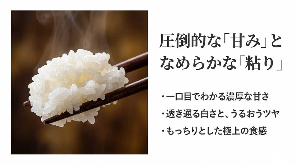 はれわたりの濃厚な甘み、なめらかな粘り、透き通る白さを説明するスライド