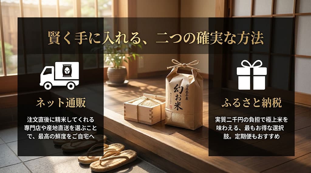 精米したてが届くネット通販と、実質2,000円で手に入るふるさと納税という2つの購入ルートを紹介するスライド