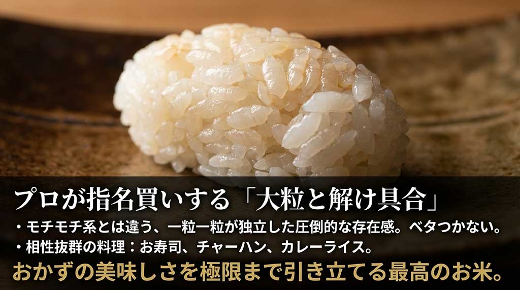 大粒で粒離れが良く、お寿司、チャーハン、カレーに最適な理由を解説したスライド