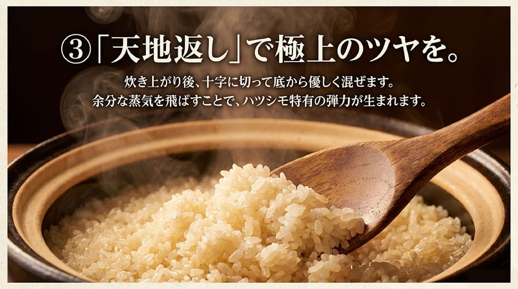炊き上がったハツシモを十字に切り、底から優しく混ぜて余分な蒸気を飛ばすシャリ切りの方法。
