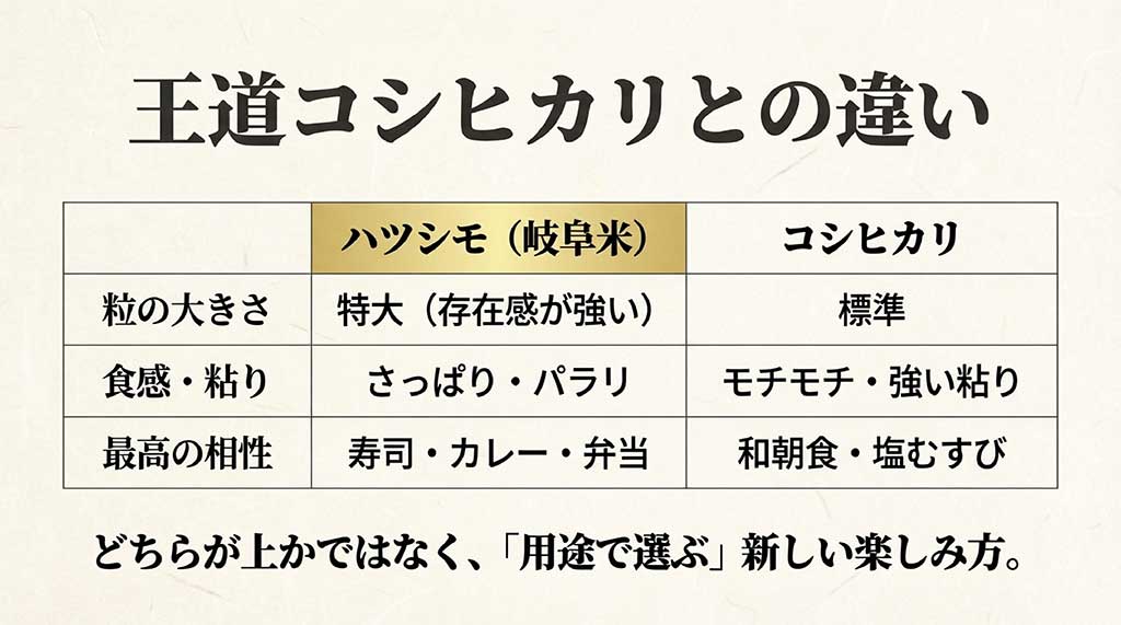 粒の大きさ、食感、料理の相性をハツシモとコシヒカリで比較したわかりやすい対照表