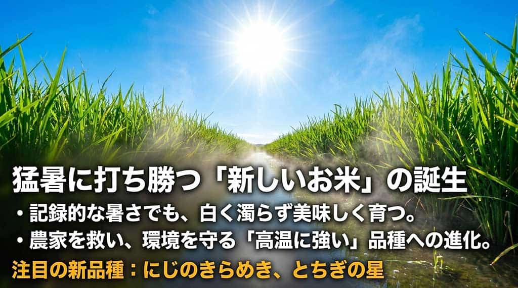 記録的な暑さでも白く濁らず美味しく育ち、農家を救い環境を守る「高温に強い」品種への進化について解説し、注目の新品種として「にじのきらめき」「とちぎの星」を紹介しているスライド