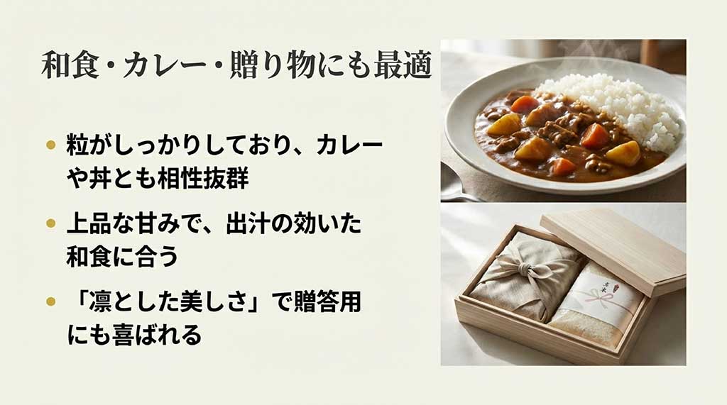 カレーや丼、和食との相性の良さと、美しさを活かした贈答用ギフトのイメージ