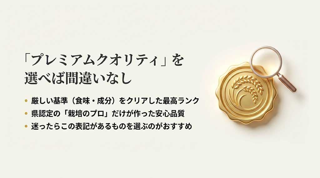 厳しい基準をクリアした最高ランク「プレミアムクオリティ」のロゴマークと、認定栽培者が作った安心品質の解説