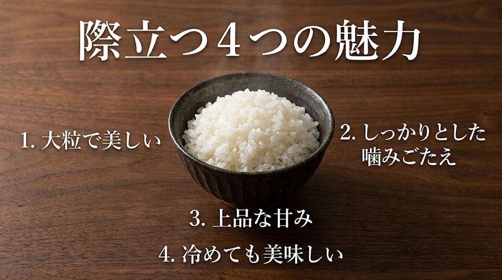 ひめの凜の4つの魅力。1.大粒で美しい、2.しっかりとした噛みごたえ、3.上品な甘み、4.冷めても美味しい。