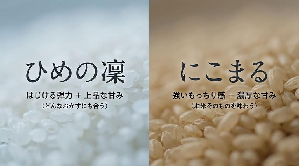 ひめの凜とにこまるの違い。ひめの凜ははじける弾力と上品な甘みでどんなおかずにも合う。にこまるは強いもっちり感と濃厚な甘みでお米そのものを味わう。