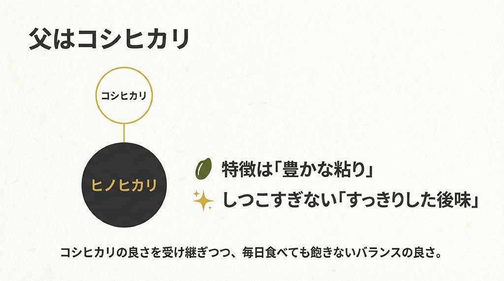 ヒノヒカリの系譜図。父であるコシヒカリの豊かな粘りを受け継ぎつつ、すっきりした後味が特徴であることを図解
