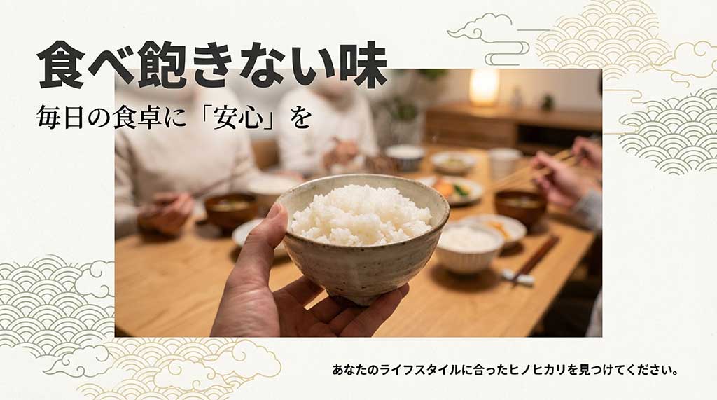 食べ飽きない味で毎日の食卓に安心を。ライフスタイルに合ったヒノヒカリを見つけてほしいという結びのメッセージ