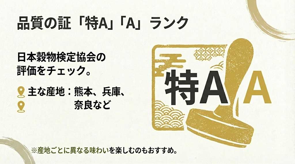 品質の証である特A・Aランクの説明。主な産地として熊本、兵庫、奈良などの紹介と日本穀物検定協会の評価チェック