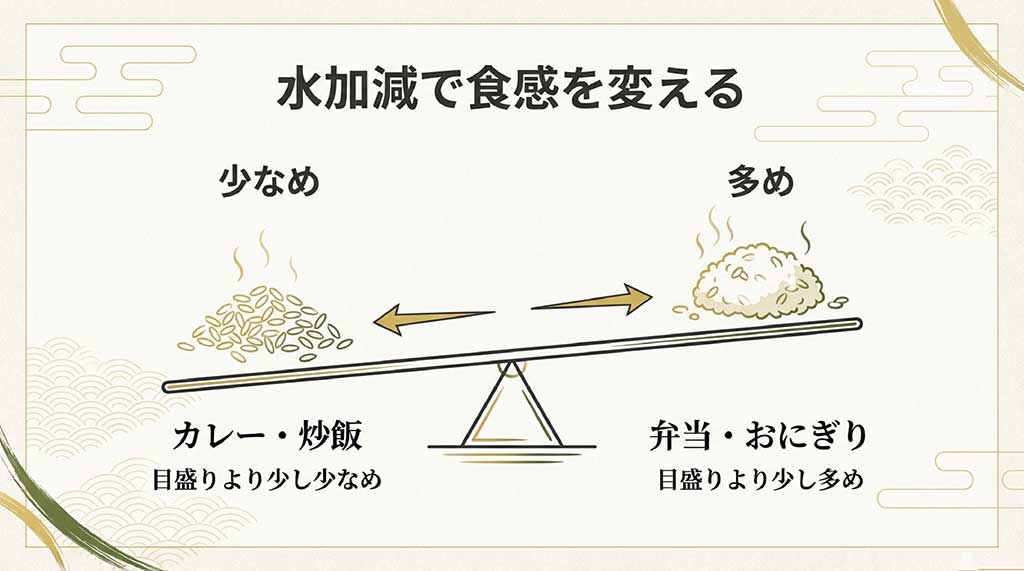 水加減による食感の変化。カレーや炒飯は少なめ、お弁当やおにぎりは多めに調整する目安