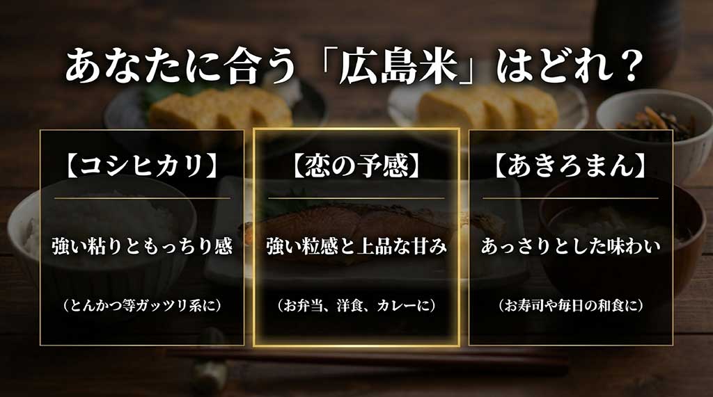 広島県産の3品種「コシヒカリ」「恋の予感」「あきろまん」の味の特徴と、それぞれに合う料理の比較図