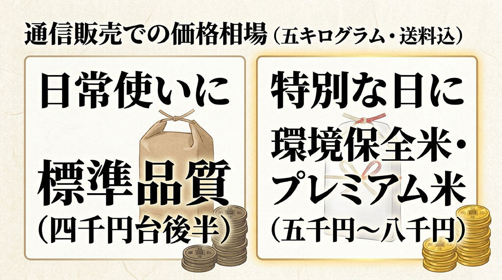 通信販売での価格相場5kg送料込として、日常使いの標準品質は4千円台後半、特別な日の環境保全米・プレミアム米は5千円から8千円と書かれたスライド