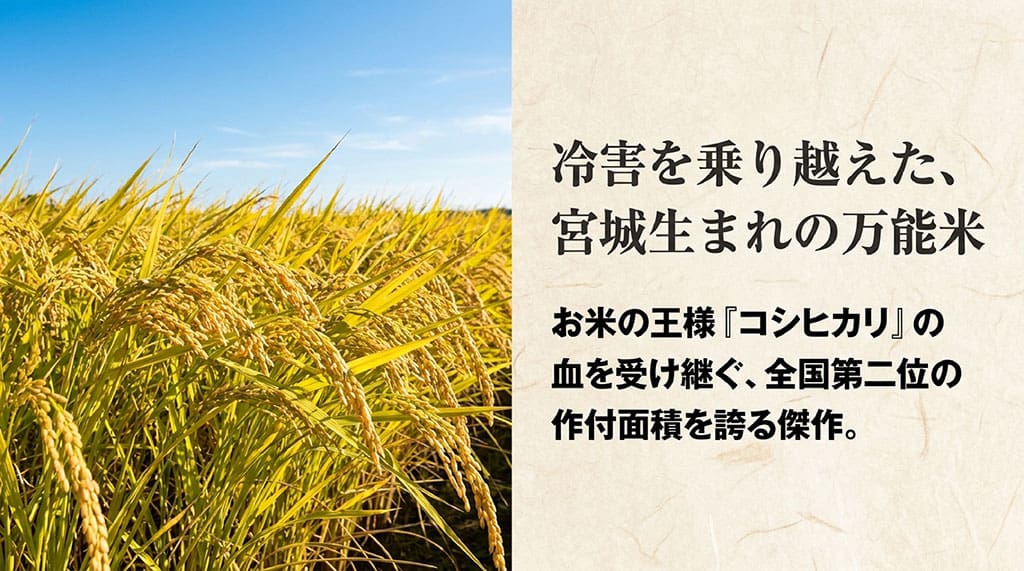 冷害を乗り越えた宮城生まれの万能米で、コシヒカリの血を受け継ぐ全国第二位の作付面積を誇る傑作と書かれたスライド
