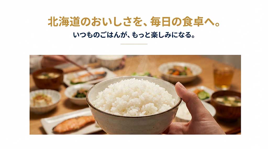 茶碗に盛られたツヤツヤのななつぼしと、楽しそうな夕食の風景イメージ