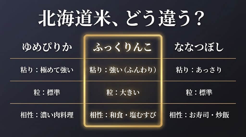 ゆめぴりか、ふっくりんこ、ななつぼしの粘り、粒の大きさ、相性の良い料理を比較したわかりやすいイラスト図解