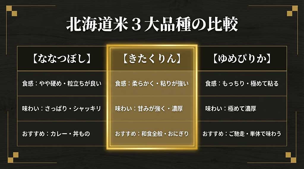 ななつぼし、きたくりん、ゆめぴりかの食感・味わい・おすすめ料理の比較一覧表