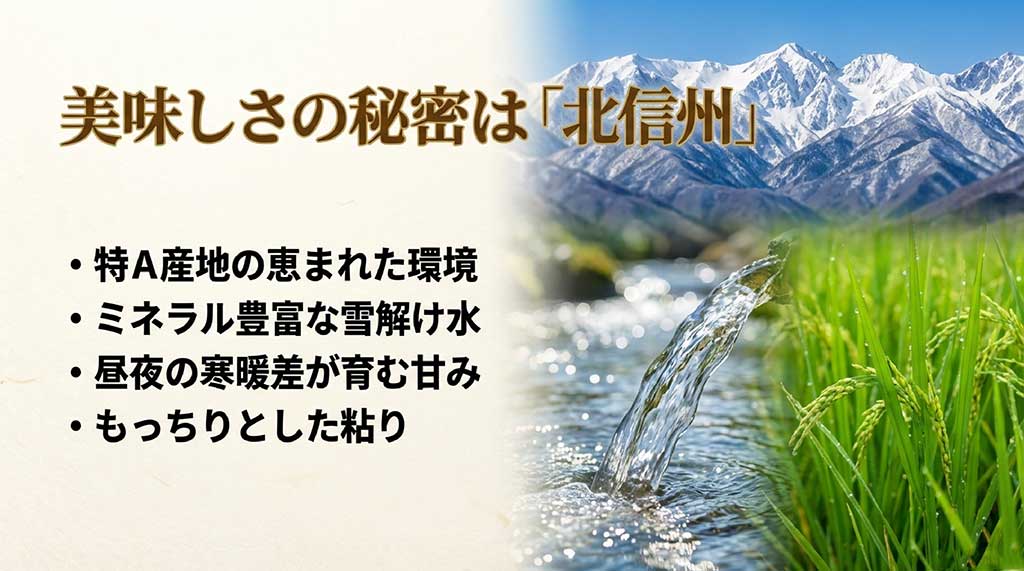 ミネラル豊富な雪解け水や昼夜の寒暖差など、お米を美味しく育てる北信州の自然環境の解説