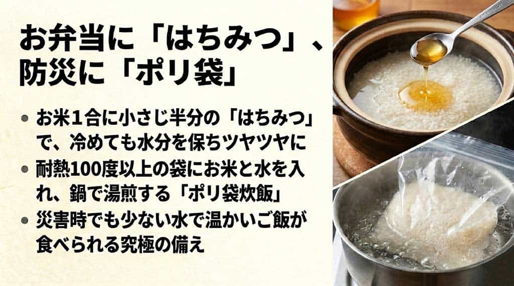 はちみつで冷めてもツヤを保つコツと、災害時に役立つ耐熱ポリ袋を使った湯煎炊飯の手順