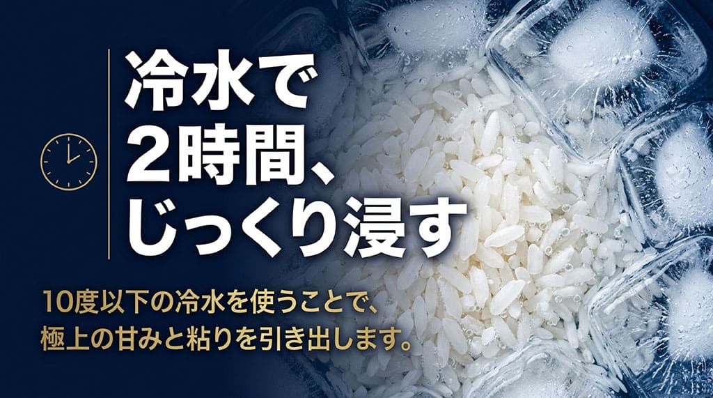 冷水で2時間じっくり浸す。10度以下の冷水を使うことで極上の甘みと粘りを引き出せるという、炊き方のコツをまとめたスライド。
