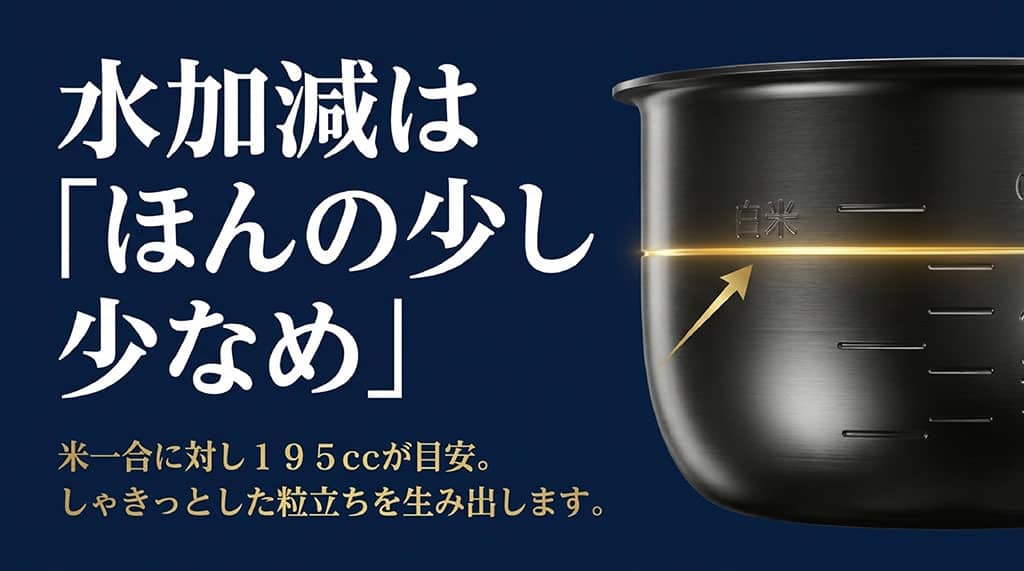 水加減は「ほんの少し少なめ」。米一合に対し195ccを目安にすることで、しゃきっとした粒立ちを生み出すことを解説したスライド。