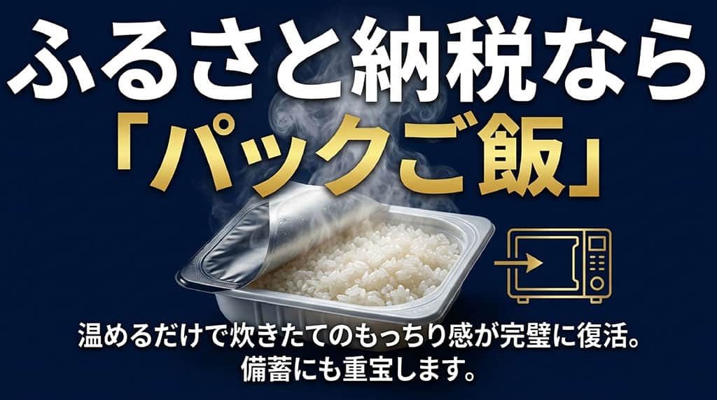 ふるさと納税なら「パックご飯」。温めるだけで炊きたてのもっちり感が完璧に復活し、備蓄にも重宝することを紹介するスライド。