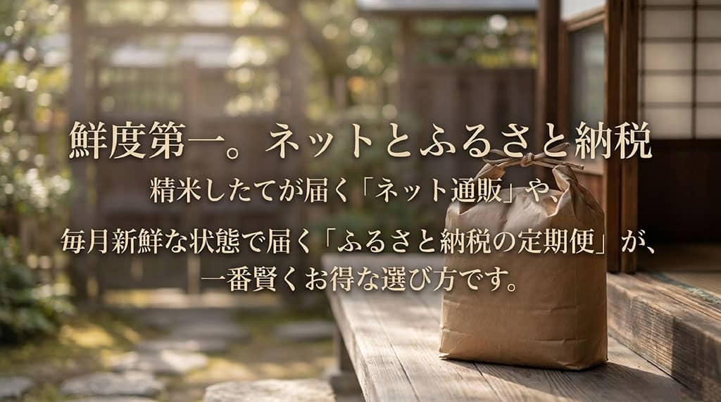 精米したてが届くネット通販や、毎月新鮮な状態で届くふるさと納税の定期便が賢い選び方であると伝えるスライド