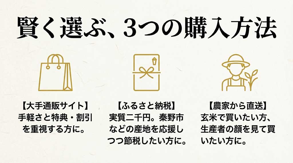 大手通販サイト、ふるさと納税、農家直送の3つの購入方法と、それぞれのメリットを比較したスライド