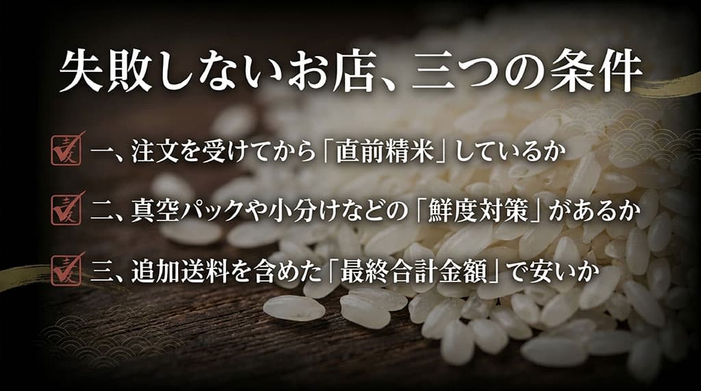失敗しないお店選び3つの条件の図解。直前精米、鮮度対策、最終合計金額での比較が挙げられています。