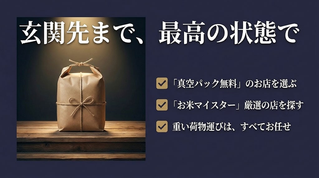 真空パック無料のサービスやお米マイスター厳選の店など、ネット通販で失敗しないショップ選びの条件をまとめたスライド