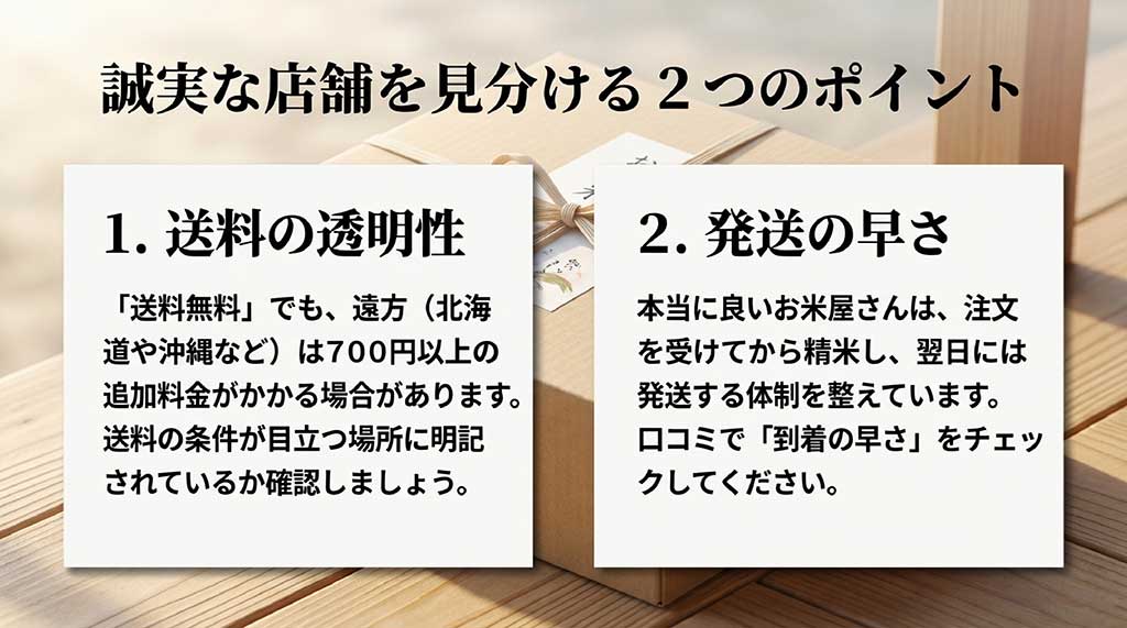 送料の透明性と発送の早さという、誠実な通販店舗を見分けるための2つのポイントをまとめたスライド