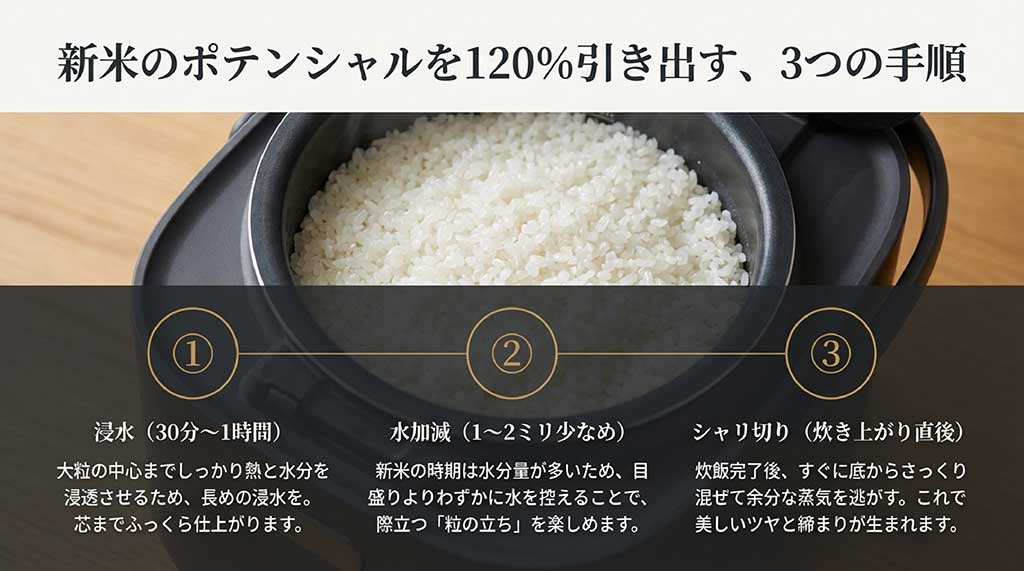 浸水（30分〜1時間）、水加減（1〜2ミリ少なめ）、シャリ切りの3つの手順を解説した炊飯ガイド