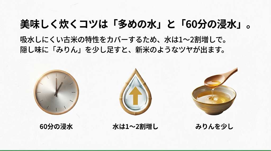 60分の浸水と1〜2割増しの水加減、隠し味にみりんを足すことで新米のようなツヤを出すコツ