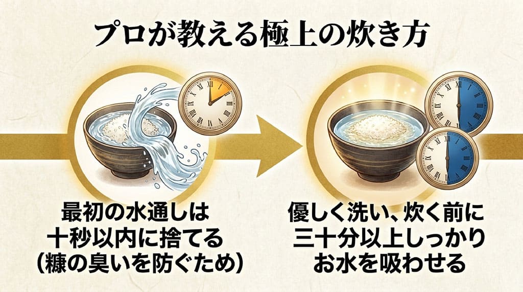 最初の水通しは糠の臭いを防ぐため10秒以内に捨てる、優しく洗い炊く前に30分以上しっかりお水を吸わせると説明するスライド
