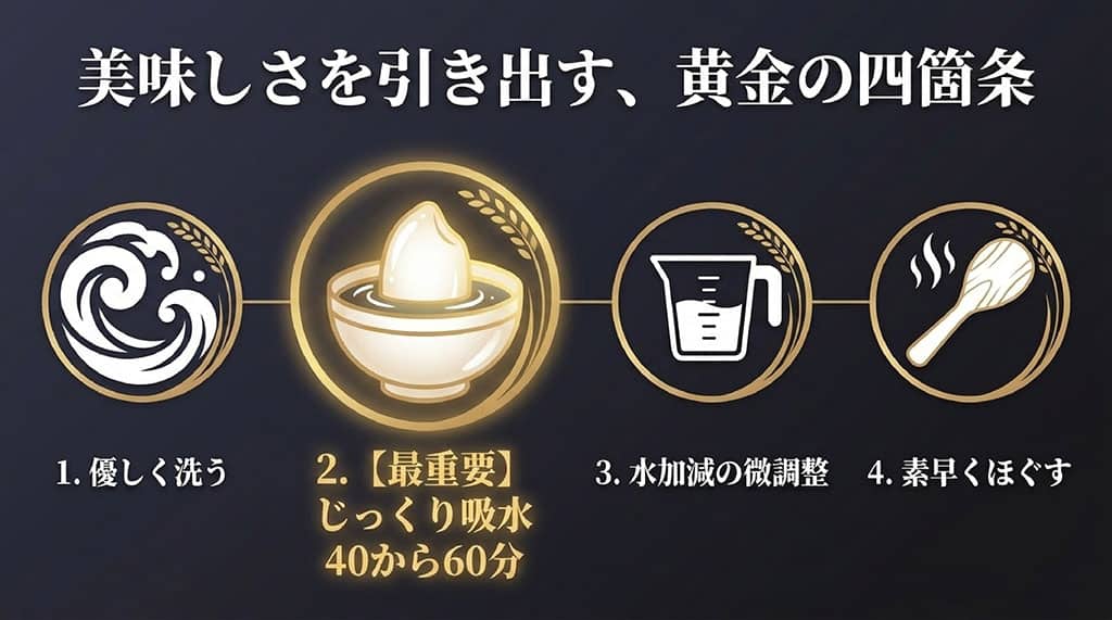 ふっくりんこのポテンシャルを引き出す「優しく洗う」「じっくり吸水」「水加減の微調整」「素早くほぐす」の4つのステップのアイコン図解
