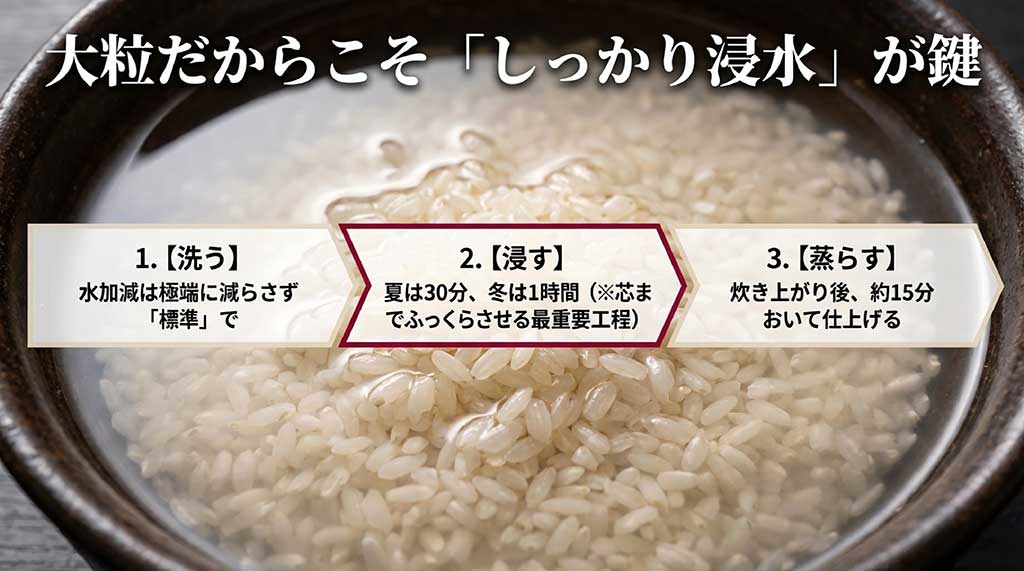 ふくまるの正しい炊き方(洗う・浸す・蒸らす)の解説。特に夏30分、冬1時間の浸水が重要