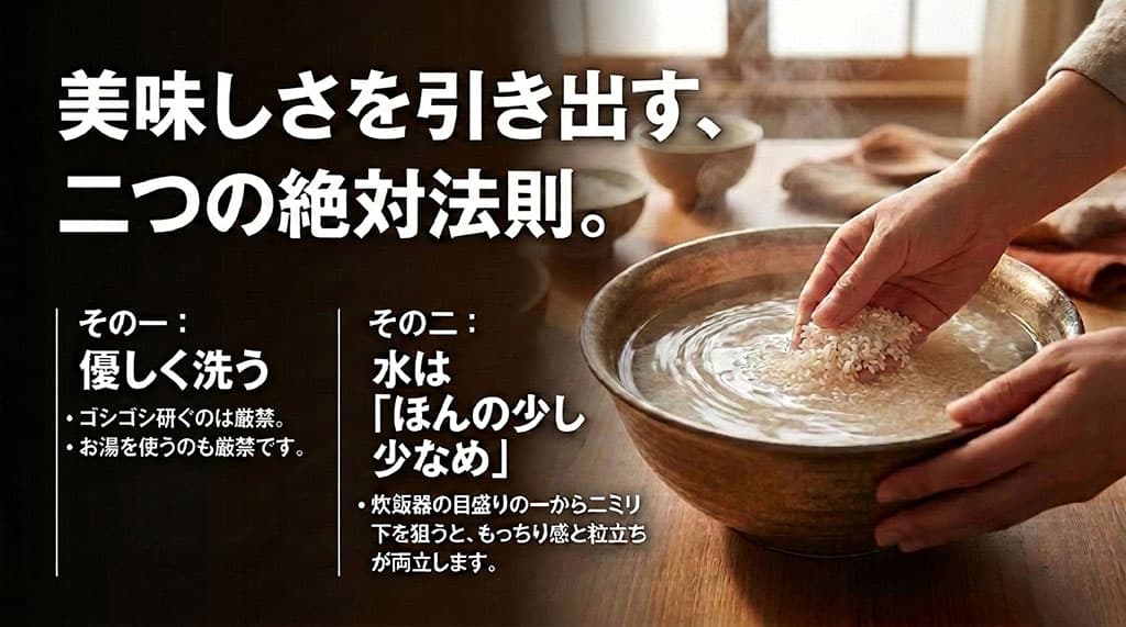 ふさこがねを美味しく炊くための、優しい洗米方法と少し少なめの水加減について解説したスライド