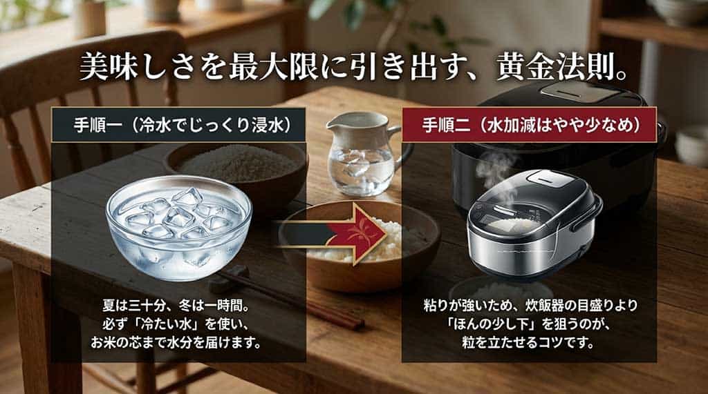 美味しさを引き出す炊き方の黄金法則：冷水浸水と少なめの水加減がコツ