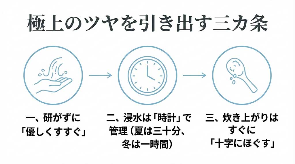 研がずに優しくすすぐ、浸水時間の管理、十字にほぐす工程の解説スライド
