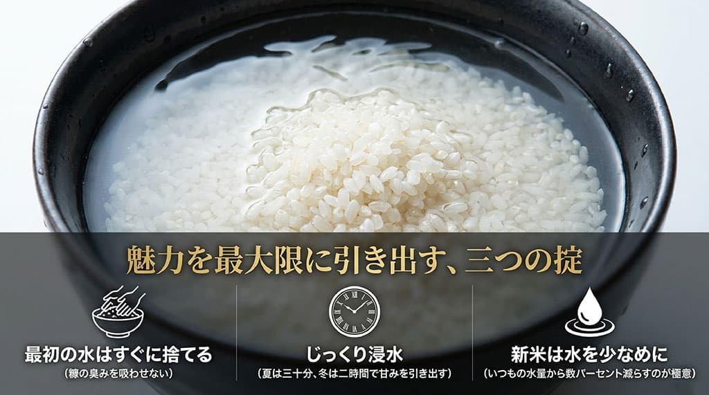 すぐに最初の水を捨てる洗米法、じっくり浸水、新米の水を少なめにするという、はるみの炊き方のコツをまとめたスライド