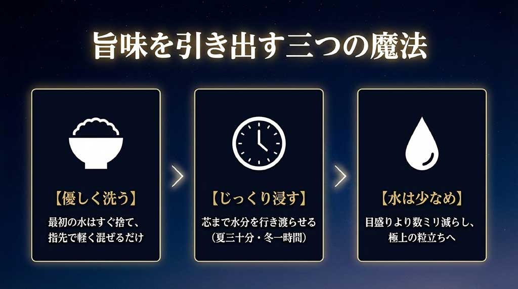 優しく洗う、夏30分・冬1時間の浸水、水を数ミリ減らすという、星空舞の旨味を引き出す炊飯のコツ